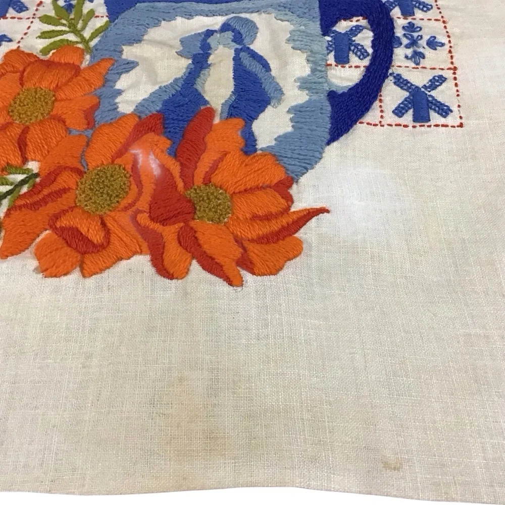 Vtg Embroidered Dutch Windmills Mug Picture Flowers Kissing Blue Orange White
